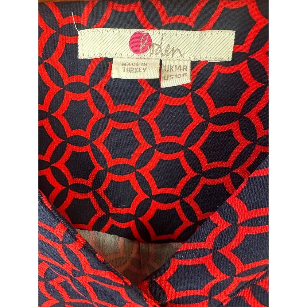 Boden V-Neck Geo Print 3/4 Sleeve Shift Dress Red & Navy Size 10 *Missing Belt* - Picture 16 of 16